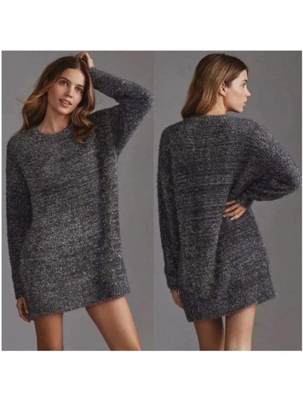 Anthropologie Silver Fuzzy Metallic Mini Sweater Dress, Size L